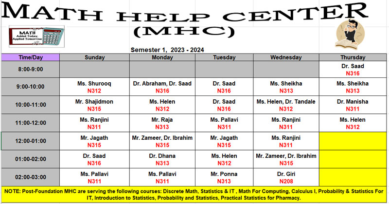 Math Help Center timetable for the semester 1, 2023 - 2024