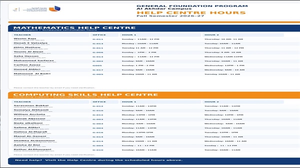 schedule for the Mathematics and Computing Skills Help Centers for the Fall Semester 2026-27.